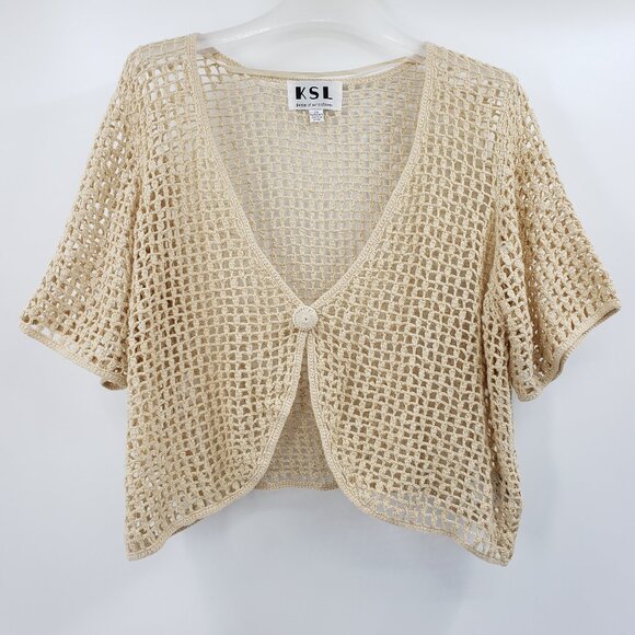 Vintage KSL Open Knit Bolero CroppedCardigan Women's 2X Beige One Button Closure - Picture 1 of 6